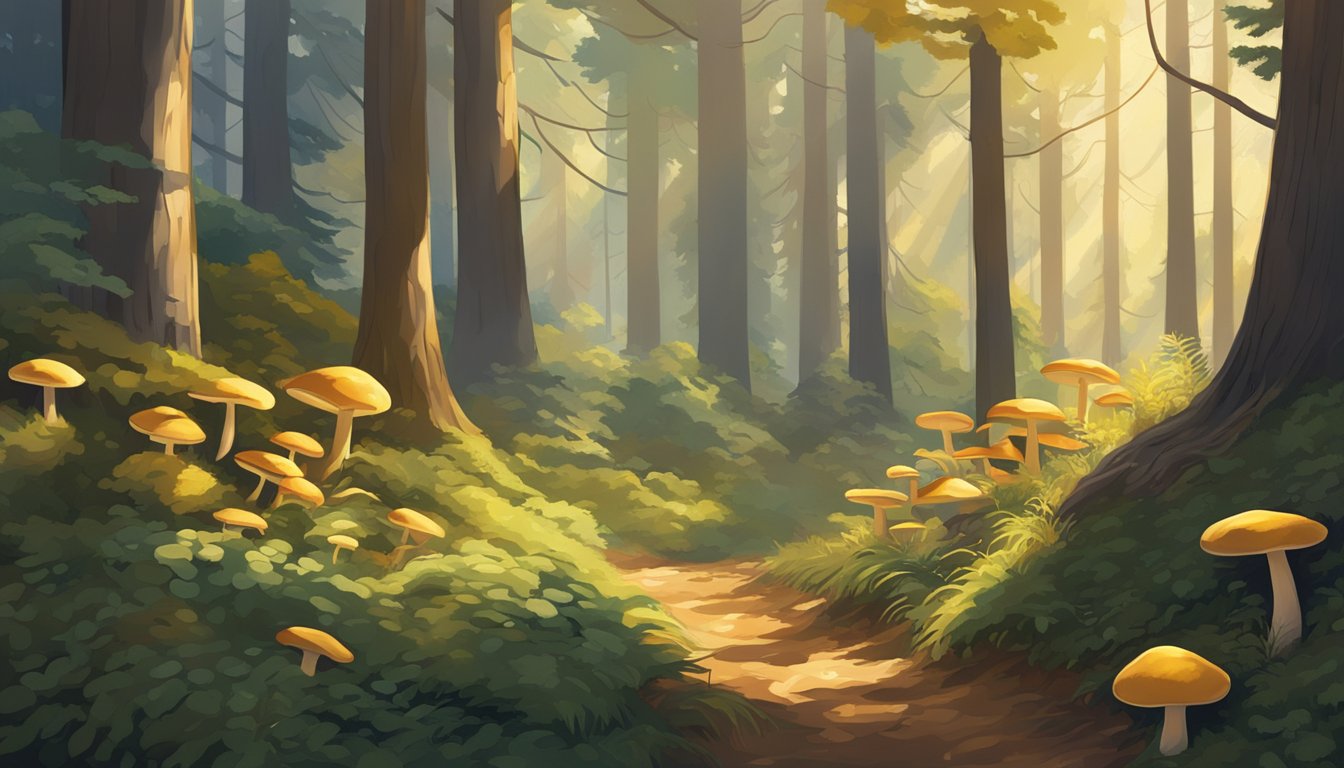 Golden sunlight filters through the dense canopy of towering pine trees, casting dappled shadows on the forest floor where a variety of mushrooms thrive in the rich, moist soil