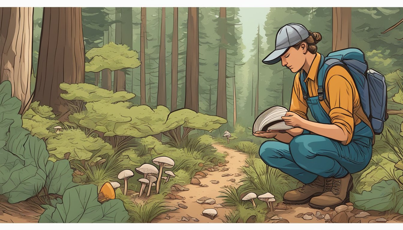 A person carefully picks wild mushrooms in an Arizona forest, using a guidebook to ensure ethical foraging practices