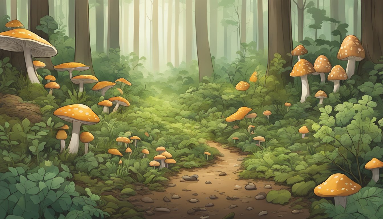 A lush forest floor in Arkansas, with various mushrooms sprouting from the ground, surrounded by trees and wildlife