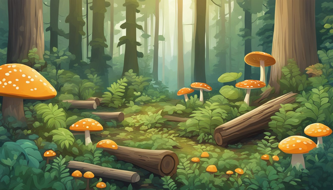 Lush forest with diverse flora, fallen logs, and mushroom clusters in various stages of growth