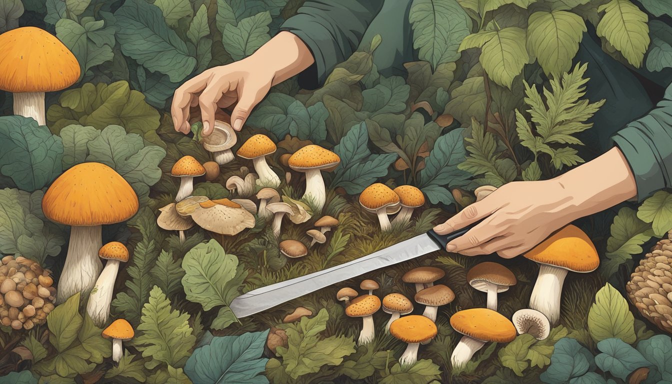 A person using a mushroom knife to carefully cut a wild mushroom from the forest floor, surrounded by various types of mushrooms and foliage