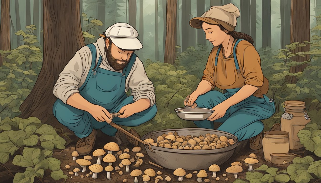 A person gathers mushrooms in the Arkansas woods, then cooks and preserves them in a rustic kitchen