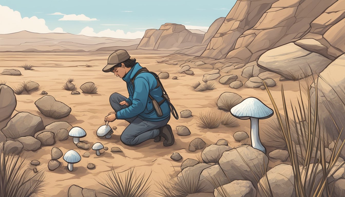 A person kneeling in the desert, carefully inspecting various mushrooms growing among rocks and dry grass. They hold a field guide and a small knife for identification and collection