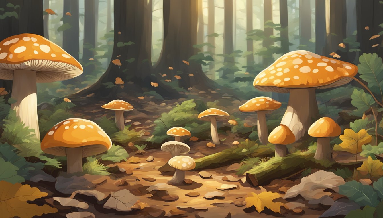 A forest floor with various types of mushrooms growing among fallen leaves and decaying logs, surrounded by tall trees and dappled sunlight