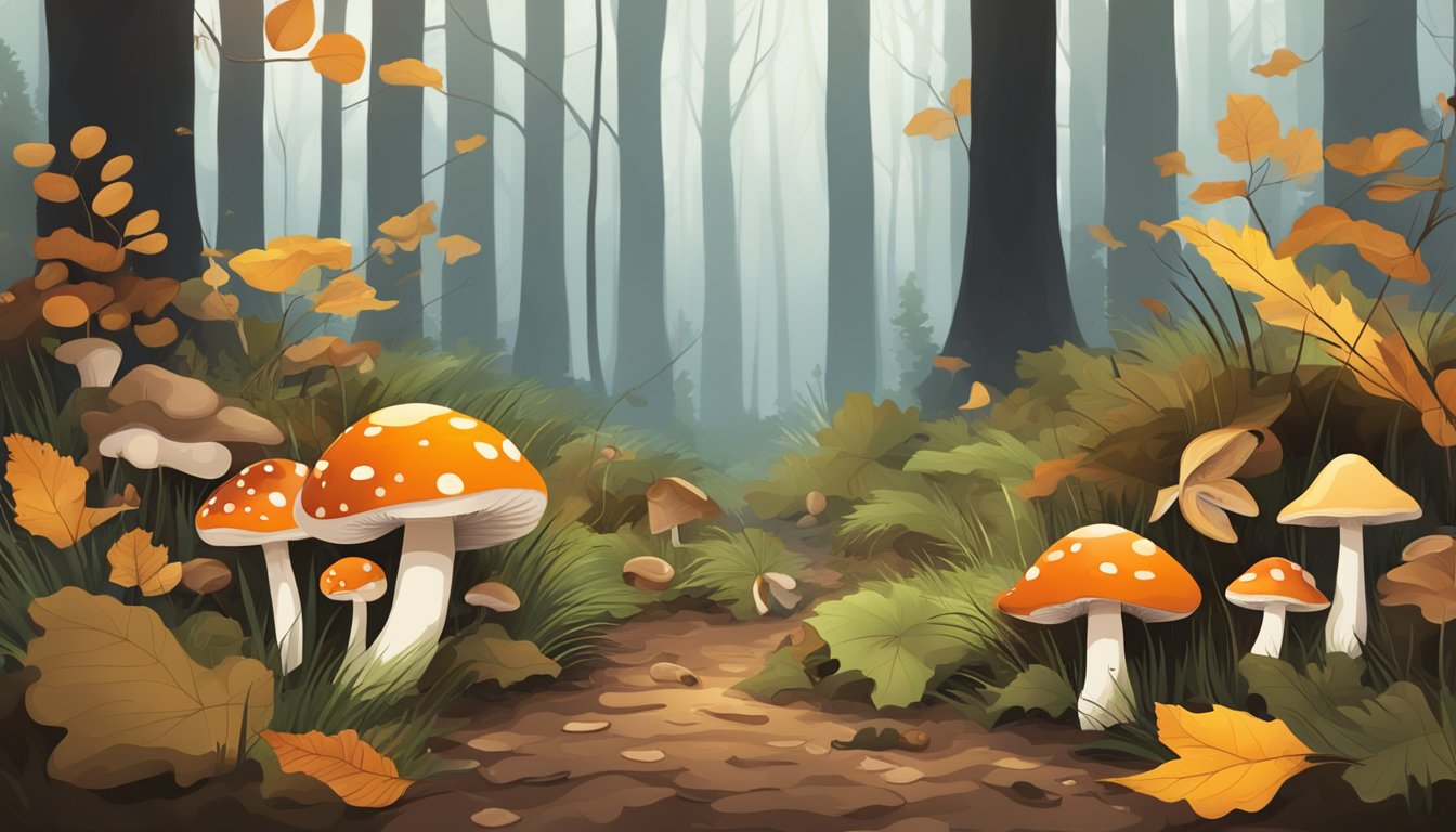 A forest floor with various types of mushrooms growing among fallen leaves and twigs