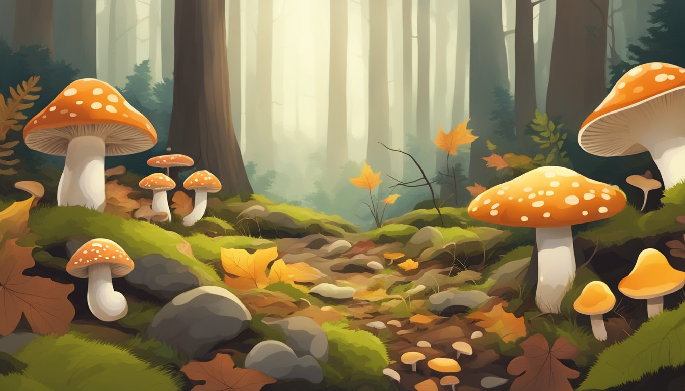 A forest floor with various types of mushrooms in different sizes, shapes, and colors scattered among fallen leaves and moss