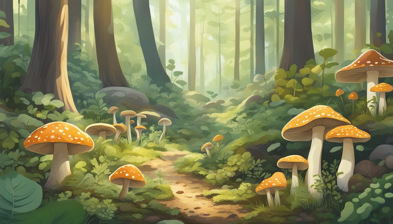 A forest floor with various types of mushrooms growing in the dappled sunlight, surrounded by signs promoting ethical foraging practices