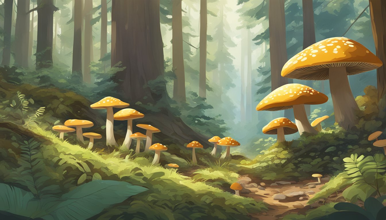 A lush forest floor in Colorado, dotted with various types of mushrooms, surrounded by towering trees and dappled sunlight filtering through the canopy