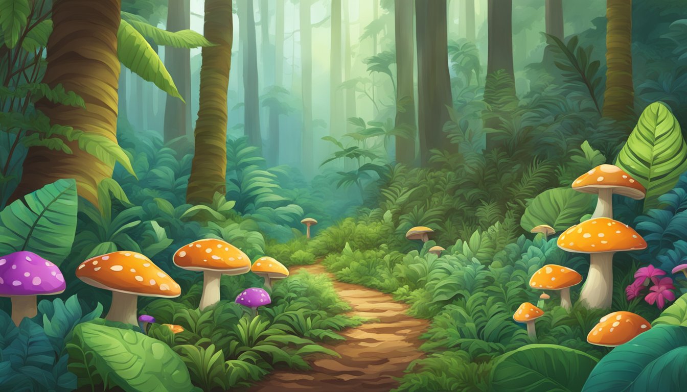 A lush Hawaiian forest with diverse plant life, featuring vibrant mushrooms growing on the forest floor