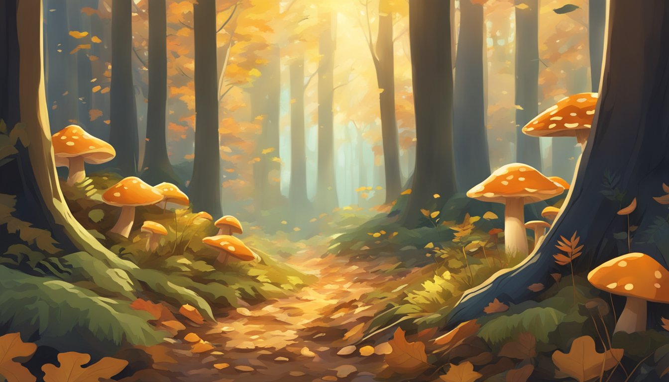 A forest floor covered in fallen leaves, with sunlight filtering through the trees, illuminating clusters of mushrooms in various shapes and colors