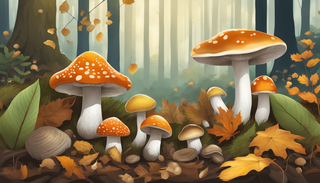 A forest floor with various types of mushrooms, including gilled, bolete, and puffball species. Fallen leaves and twigs are scattered around