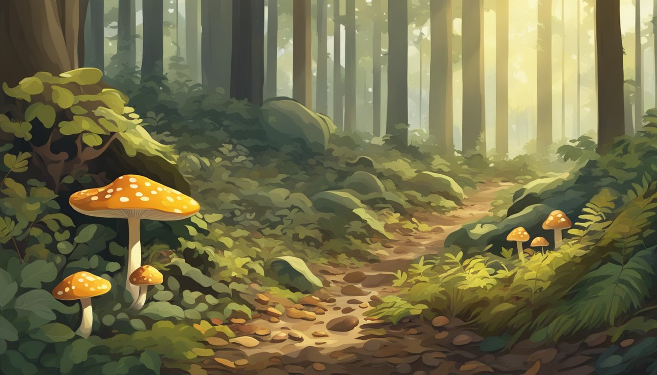 A forest floor with dappled sunlight, fallen leaves, and various types of mushrooms growing among the underbrush