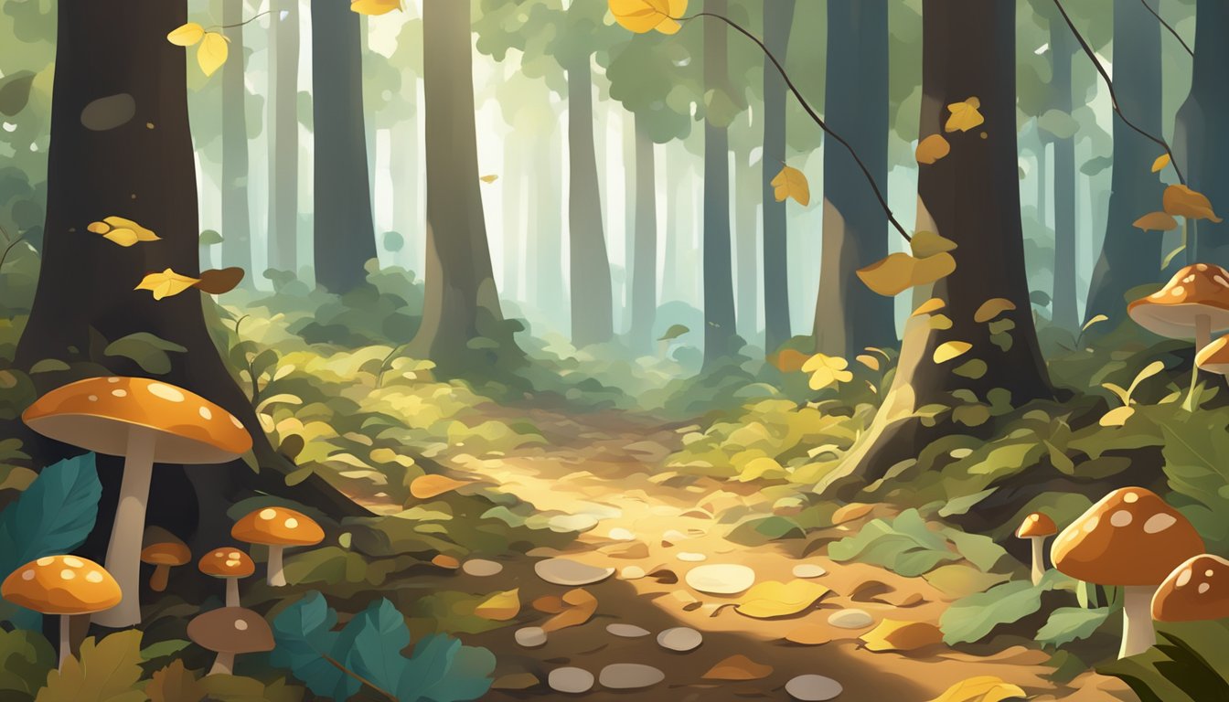 A forest floor with fallen leaves and scattered mushrooms of various shapes and sizes, surrounded by tall trees and dappled sunlight