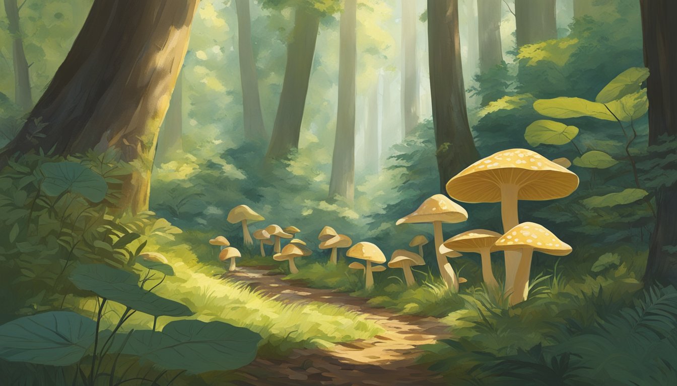 A group of foragers explores a lush forest, carefully examining the ground for various types of mushrooms. The dappled sunlight filters through the canopy, creating a serene and peaceful atmosphere