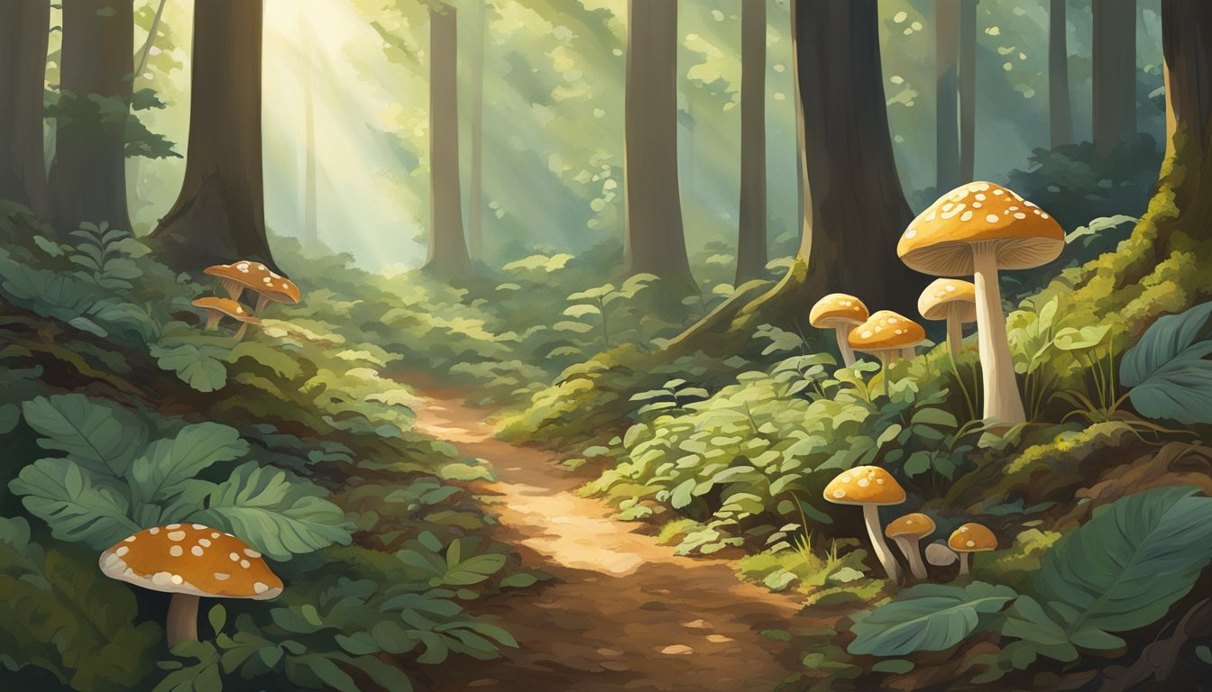 Lush forest floor with diverse fungi species thriving in Georgia's rich, moist soil. Sunlight filters through the canopy, casting dappled shadows on the mushroom-covered ground