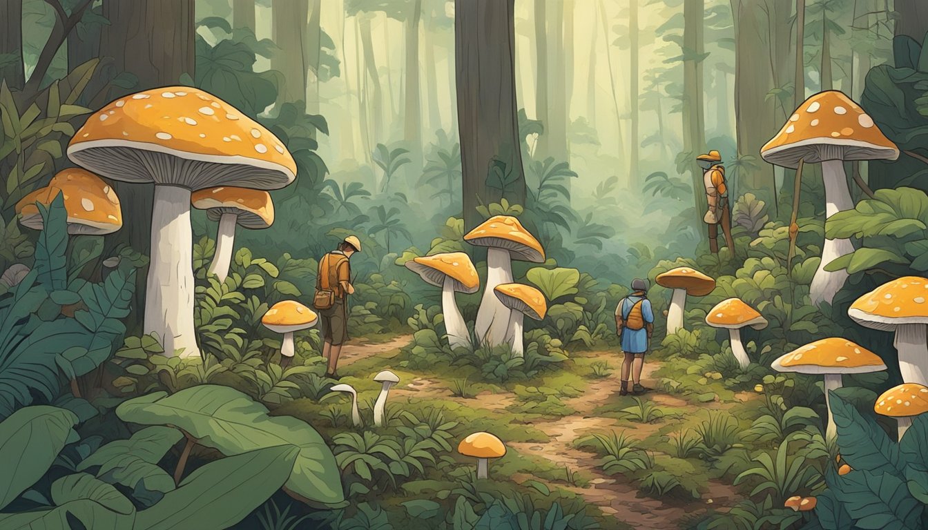 A group of mushroom enthusiasts gather in a lush Florida forest, carefully inspecting the ground for various fungi. Some are crouched down, while others stand, pointing out interesting specimens to their fellow collectors