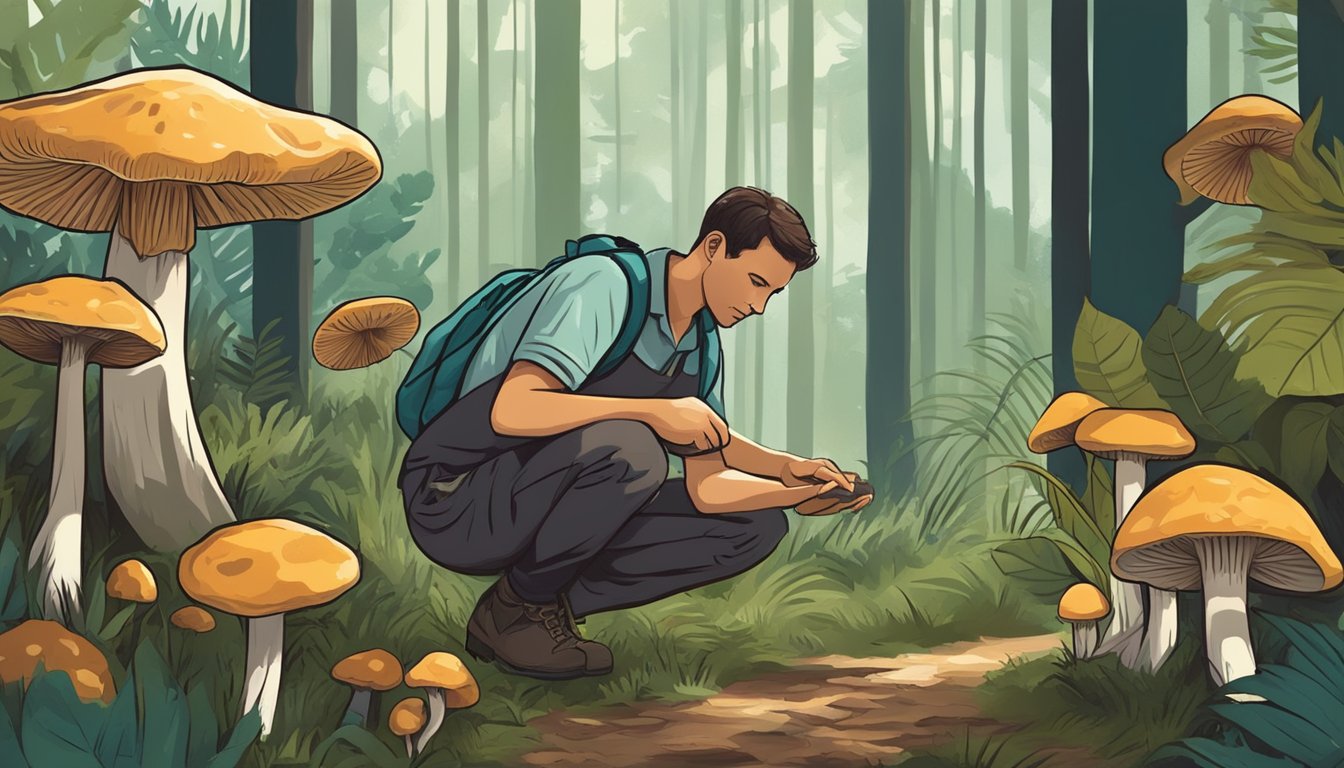 A person carefully collects wild mushrooms in a Florida forest, mindful of ethical and conservation considerations