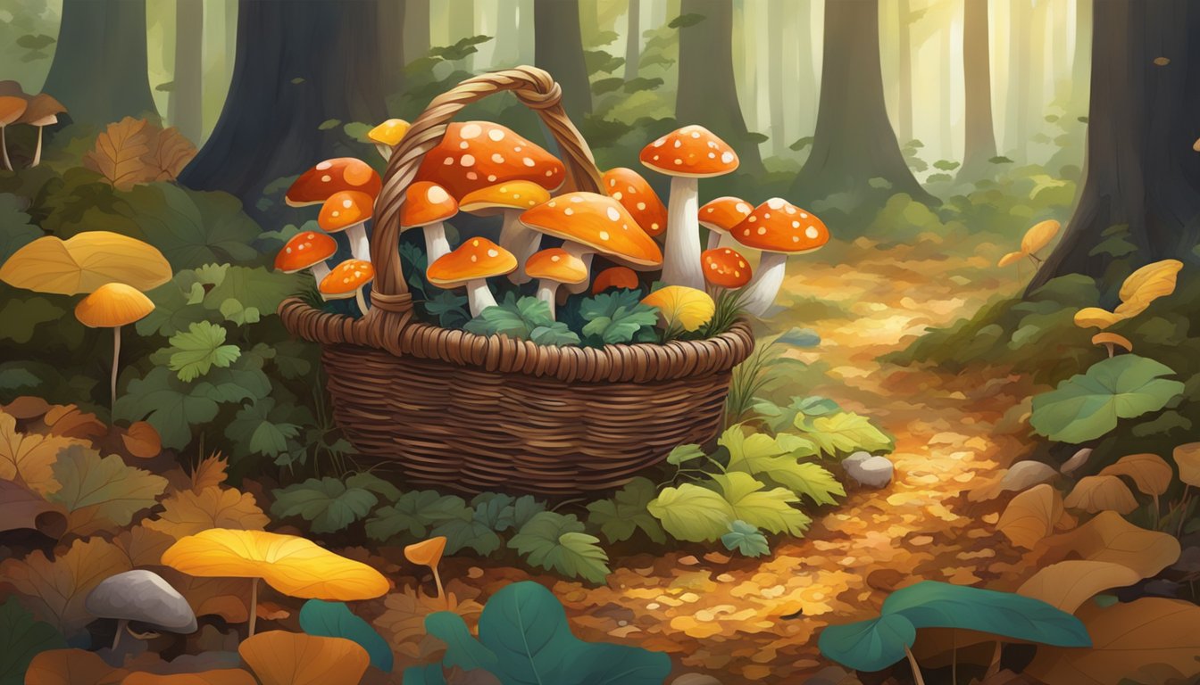 The forest floor is dotted with colorful mushrooms, surrounded by fallen leaves and dappled sunlight. A small basket overflows with the day's successful haul