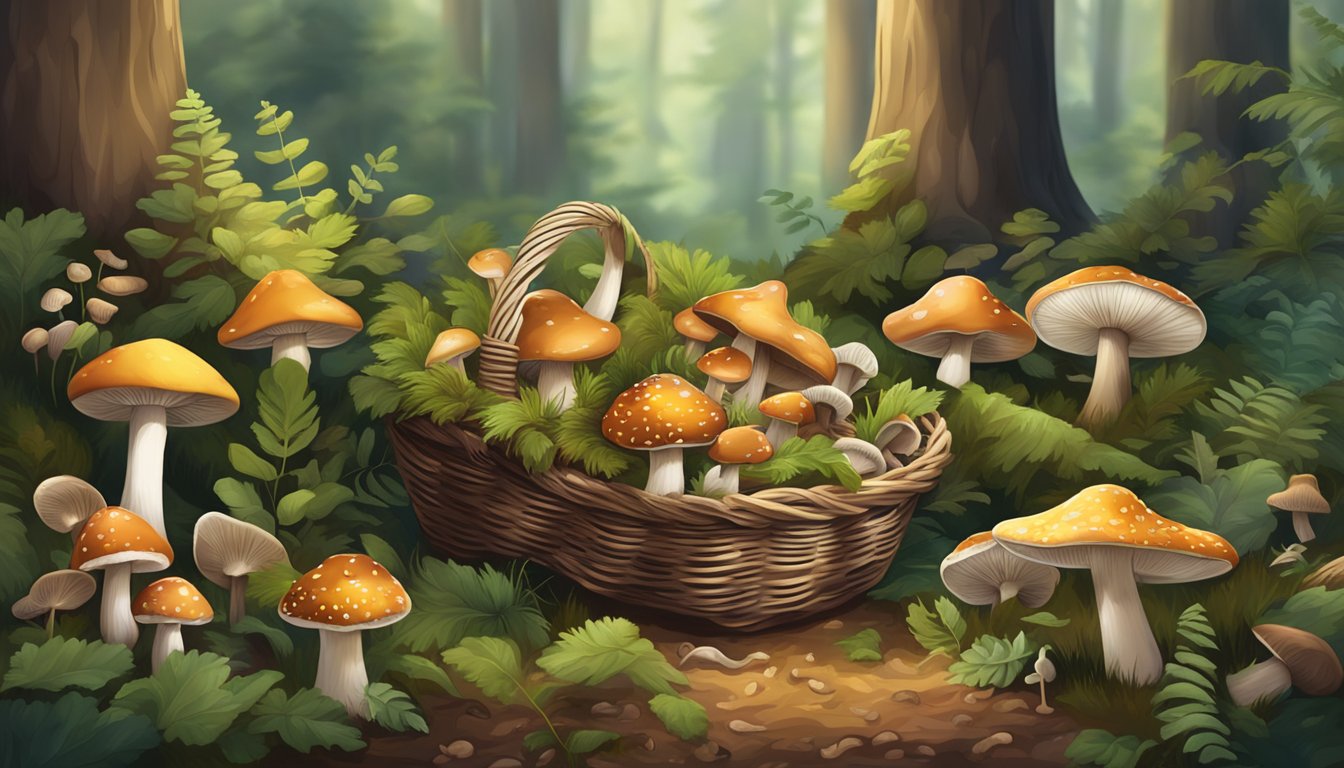 A forest floor scattered with various types of mushrooms, surrounded by trees and foliage, with a few mushrooms placed in a woven basket