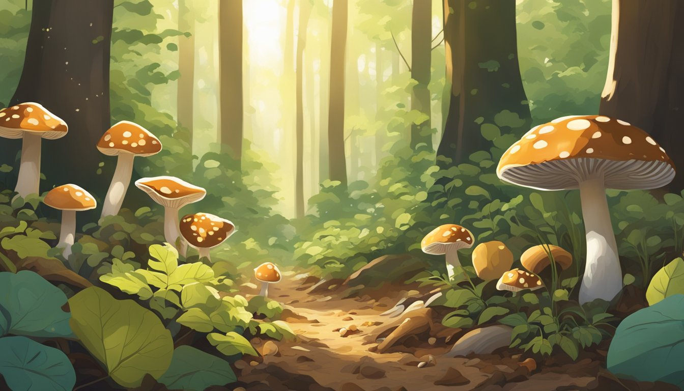 A lush forest floor in Illinois, with various types of mushrooms sprouting from the damp earth and fallen leaves. The sunlight filters through the trees, casting dappled shadows on the ground