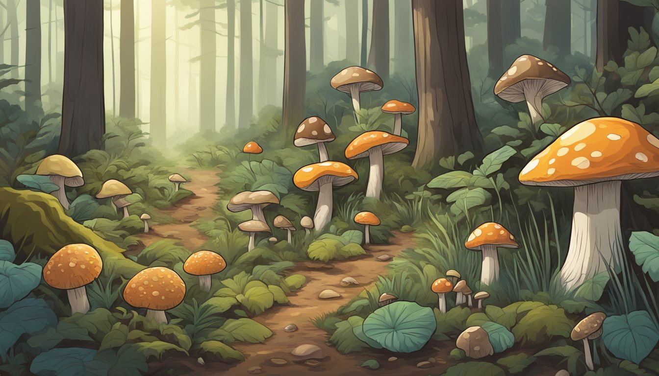 A forest floor with various mushrooms. Some are toxic, indicated by warning signs