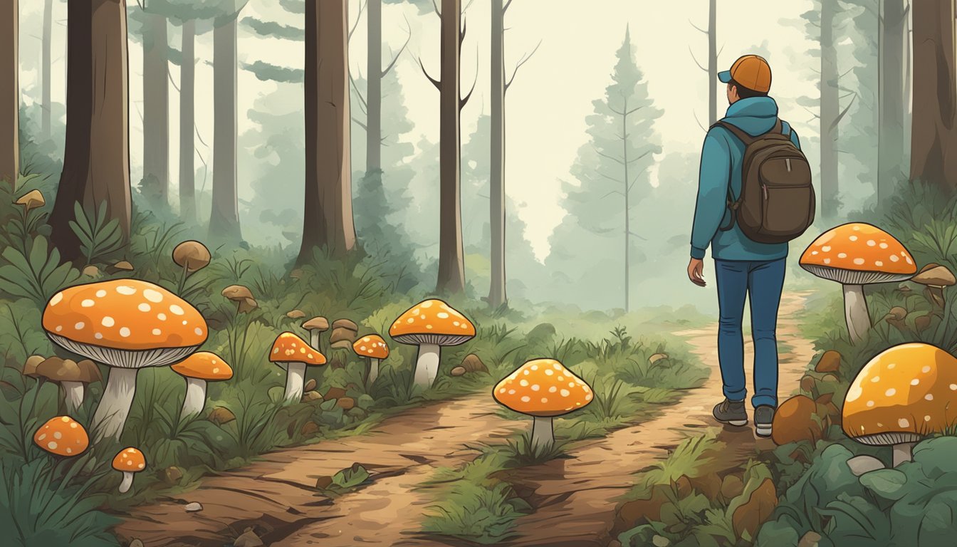 A person walking in a forest, observing various types of mushrooms growing on the ground and on fallen logs