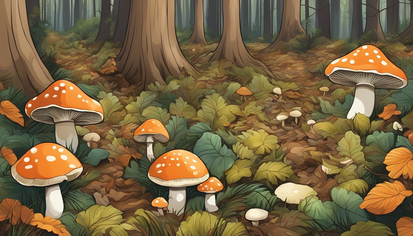 A lush forest floor with various types of mushrooms growing among the fallen leaves and pine needles