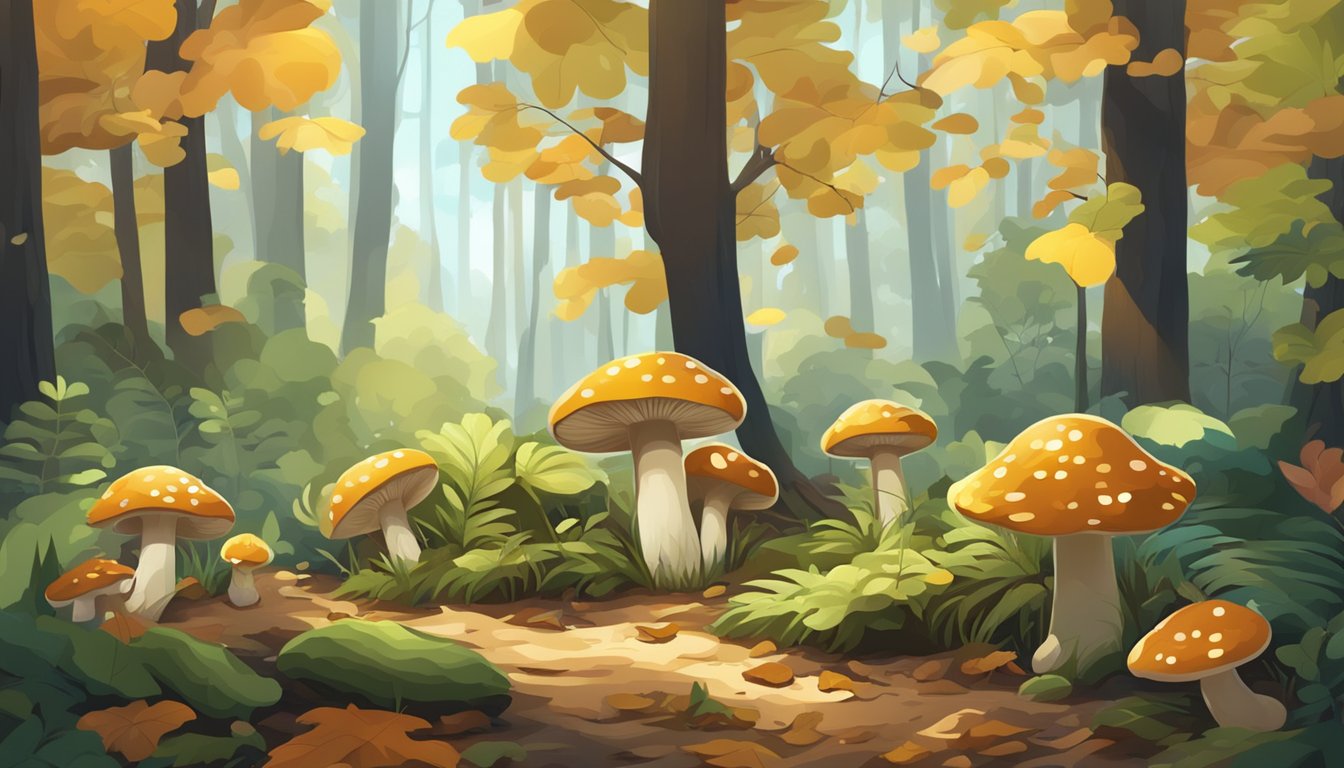 A lush forest floor with various types of mushrooms growing among fallen leaves and decaying logs, surrounded by tall trees and dappled sunlight