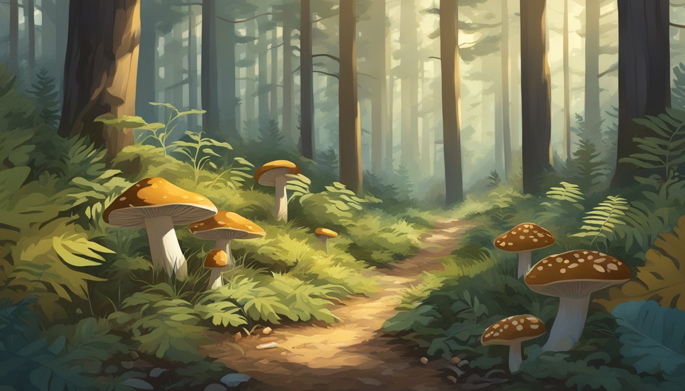 A forest floor with dappled sunlight, scattered pine needles, and various types of mushrooms growing among the underbrush