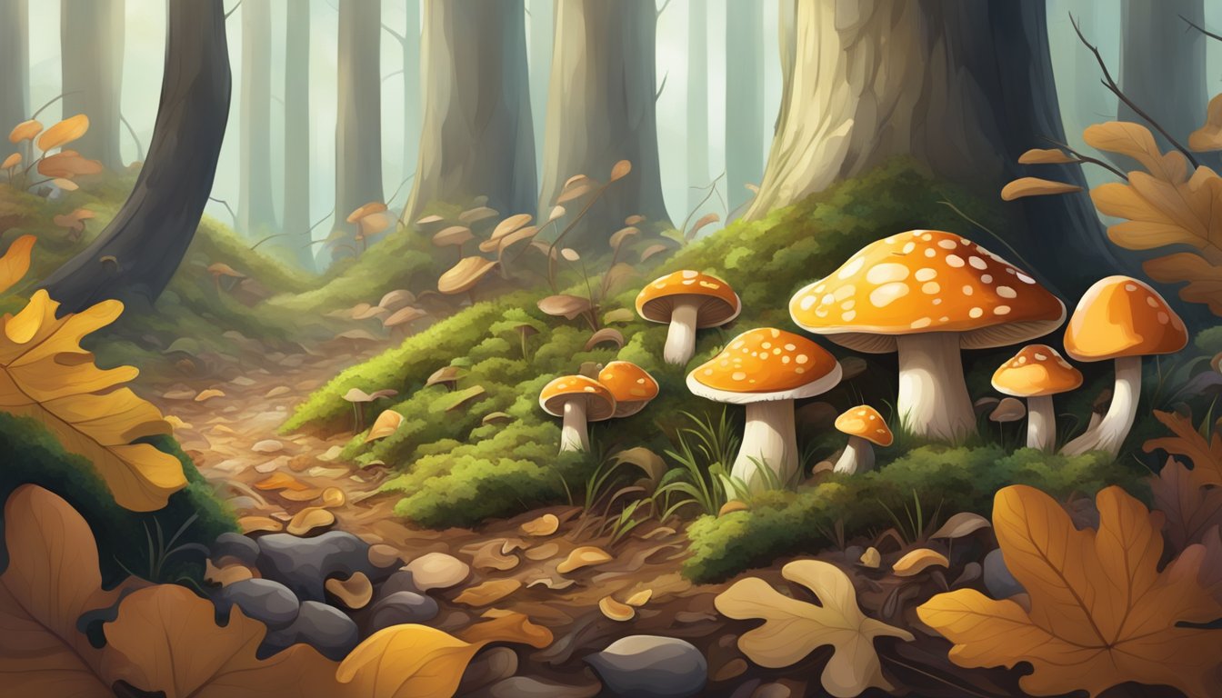 A forest floor with various types of mushrooms growing among fallen leaves and moss