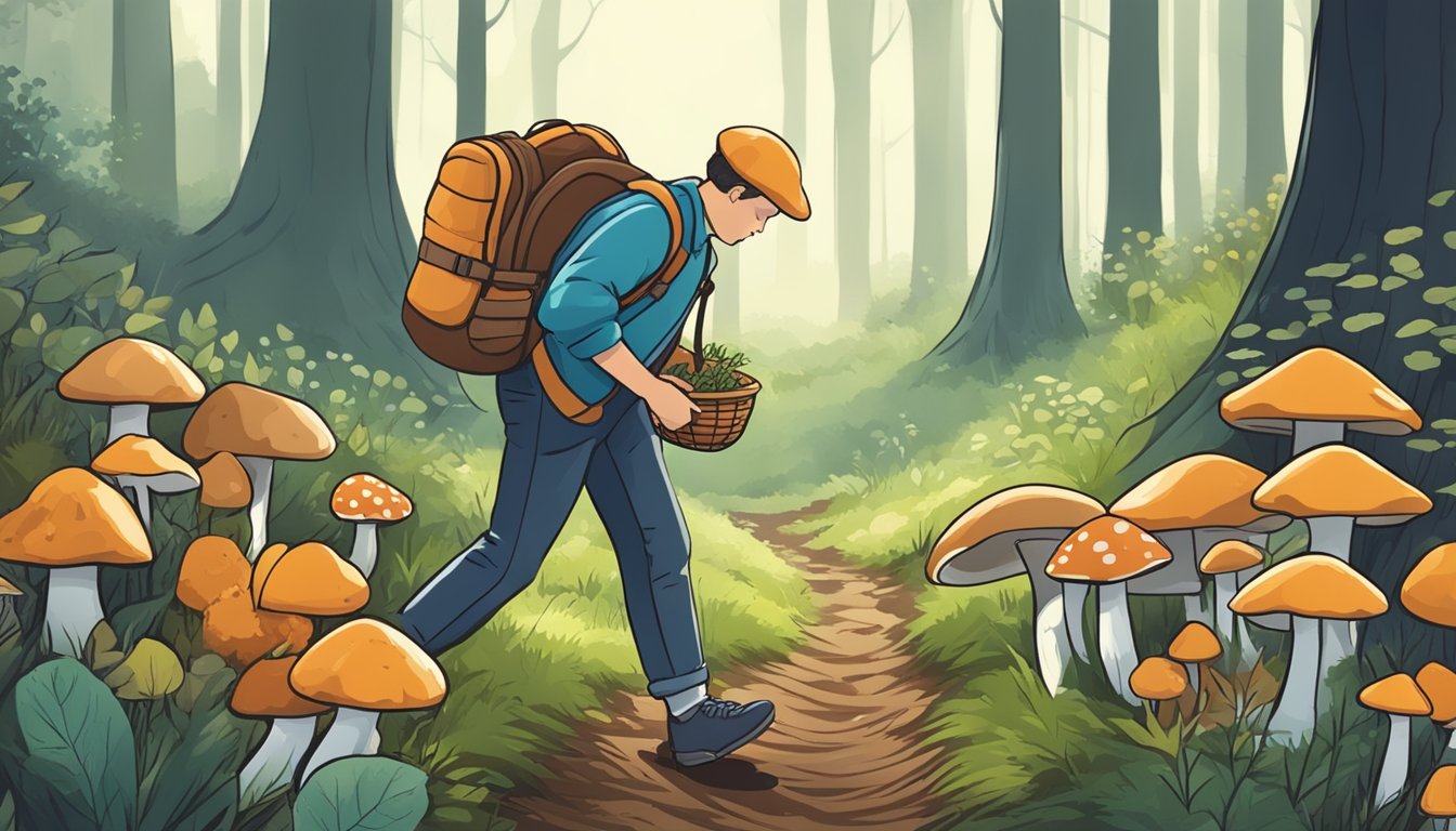 A person wearing a backpack and carrying a basket walks through a forest, carefully examining various mushrooms growing on the ground