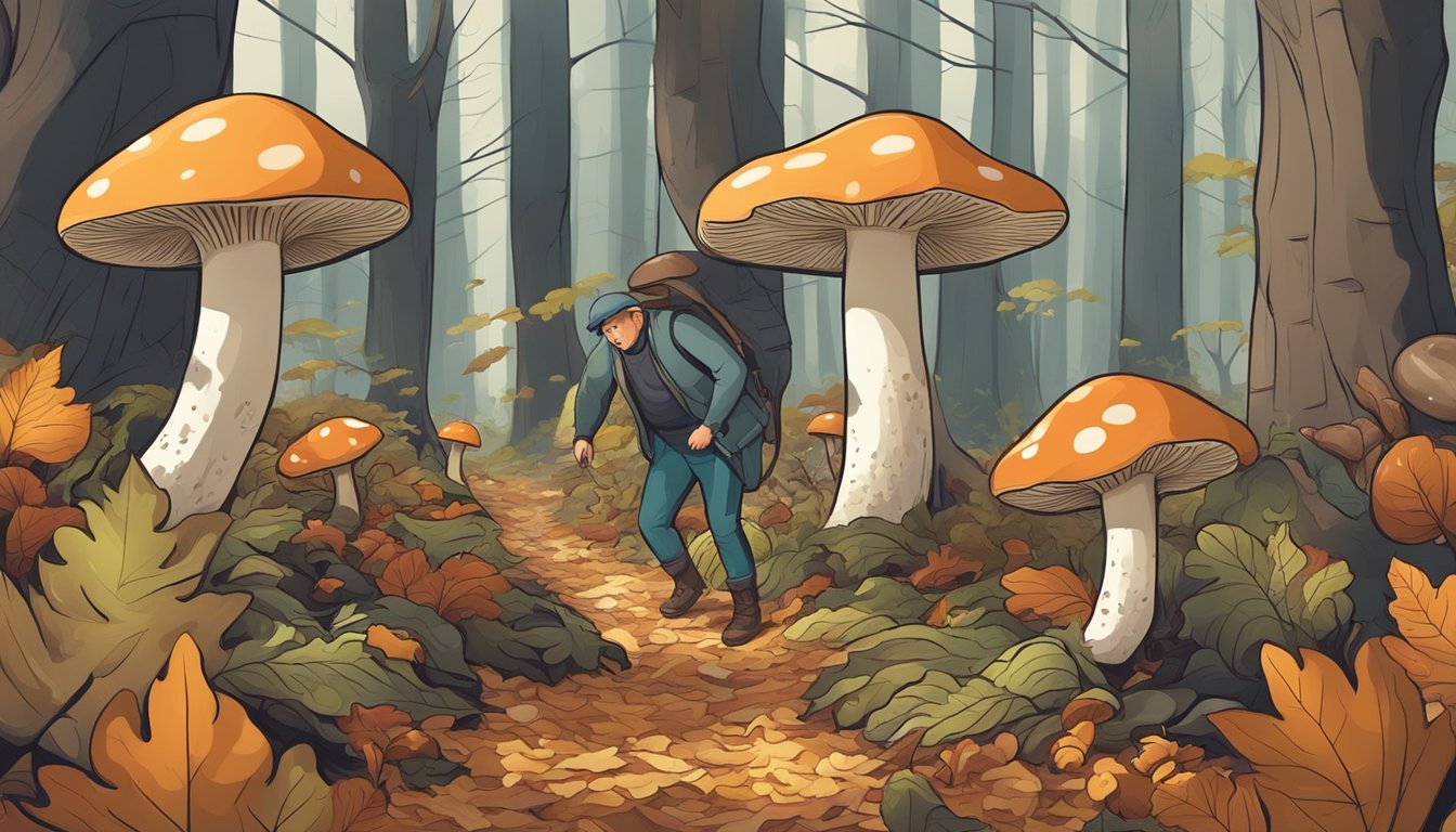 A forest floor with various types of mushrooms growing among fallen leaves and branches, with a person carefully harvesting them according to foraging guidelines and ethics