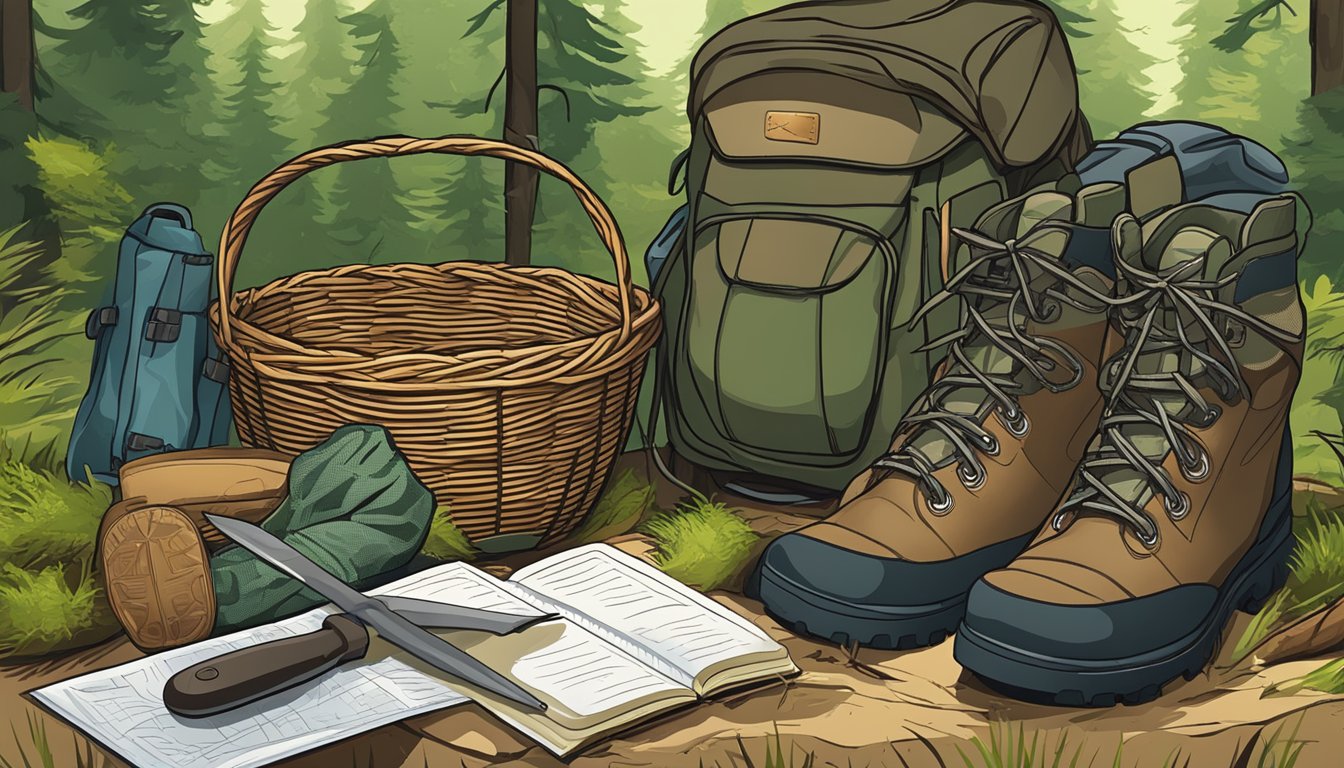 A basket, knife, and guidebook lay next to a pair of sturdy hiking boots in a forest clearing. A mesh bag and foraging stick lean against a tree