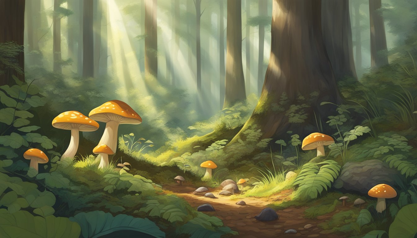 A lush forest floor with diverse mushroom species, dappled sunlight filtering through the canopy, and a cautious forager carefully inspecting the fungi