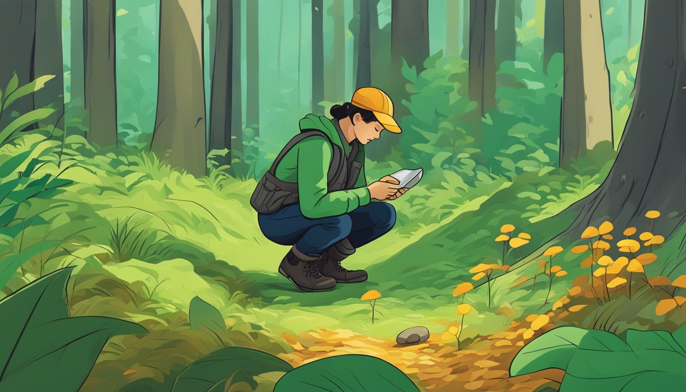 A person crouching in a forest, carefully examining the ground for mushrooms. The vibrant green foliage and fallen leaves create a natural, serene setting