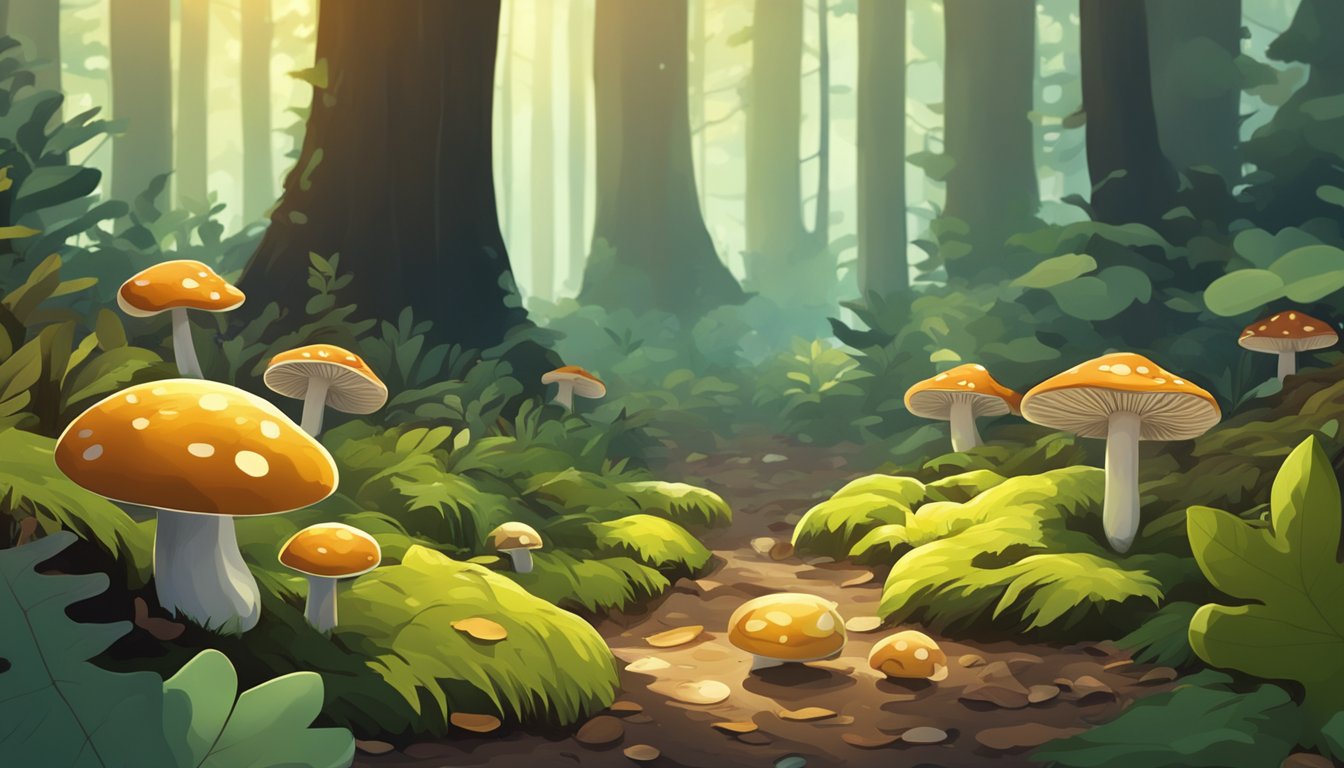 A dense forest floor with various types of mushrooms growing among fallen leaves and moss. Sunlight filters through the trees, casting dappled shadows