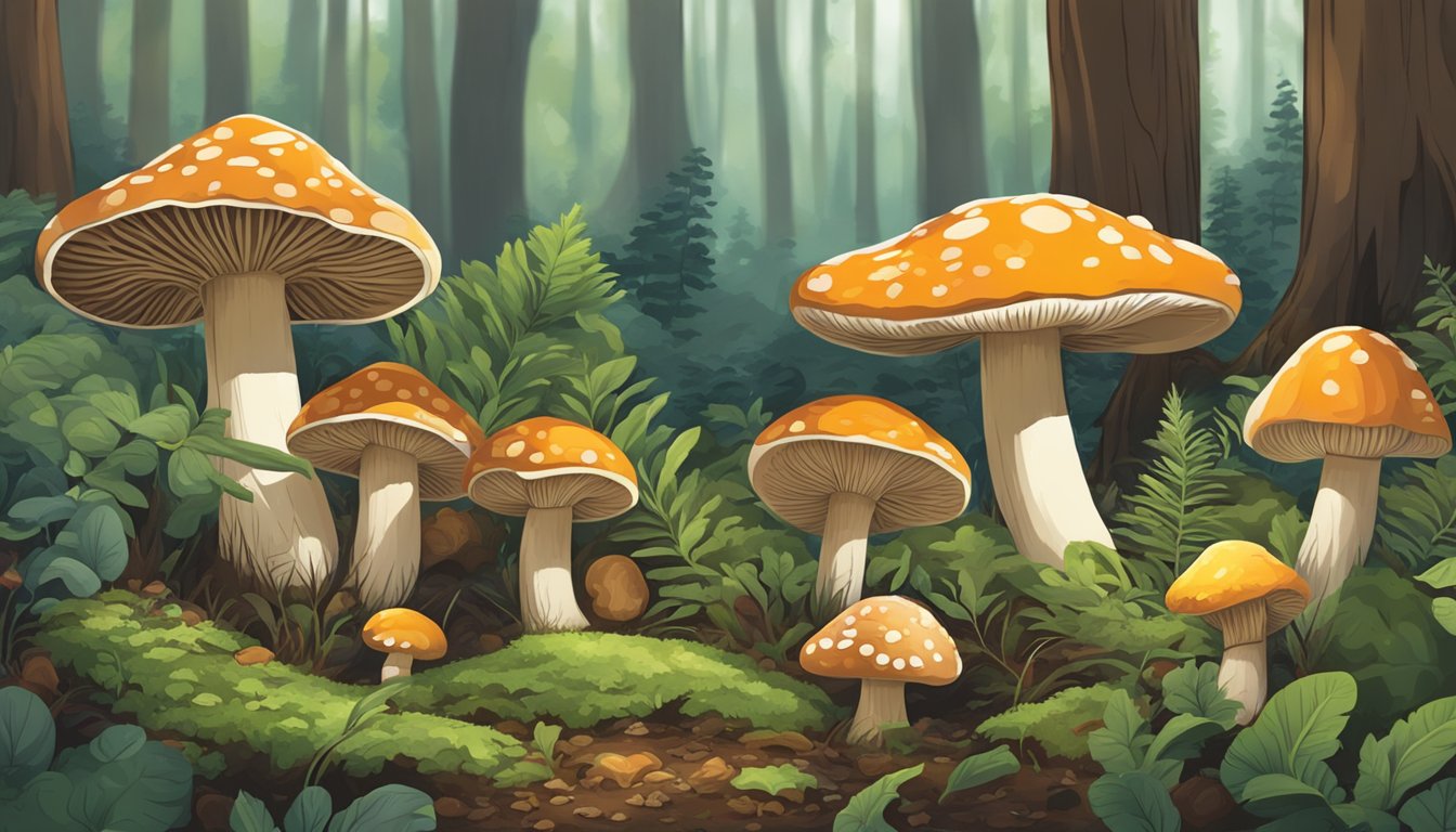 A forest floor covered in a variety of mushrooms, with trees and underbrush in the background