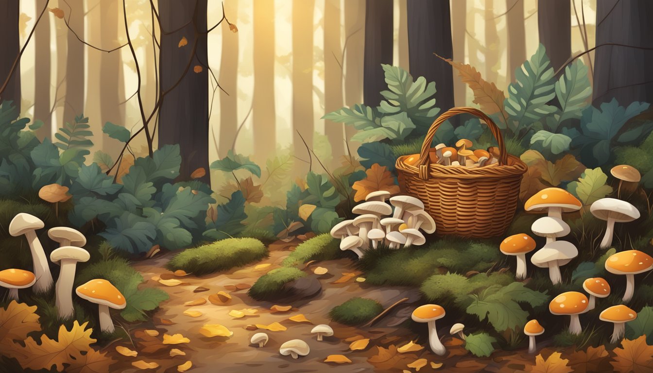 A forest floor with various types of mushrooms growing among fallen leaves and twigs, with a guidebook and a basket for collecting