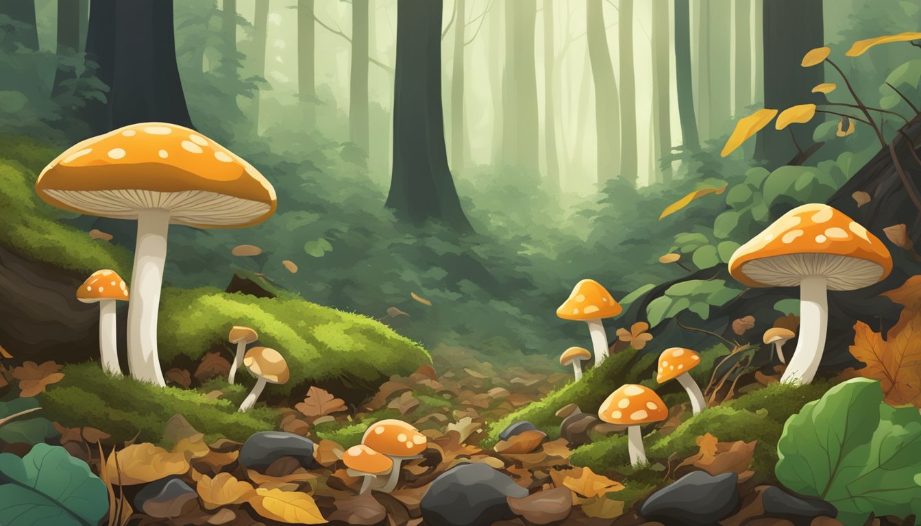 A lush forest floor in Kentucky, with various types of mushrooms sprouting among the fallen leaves and moss