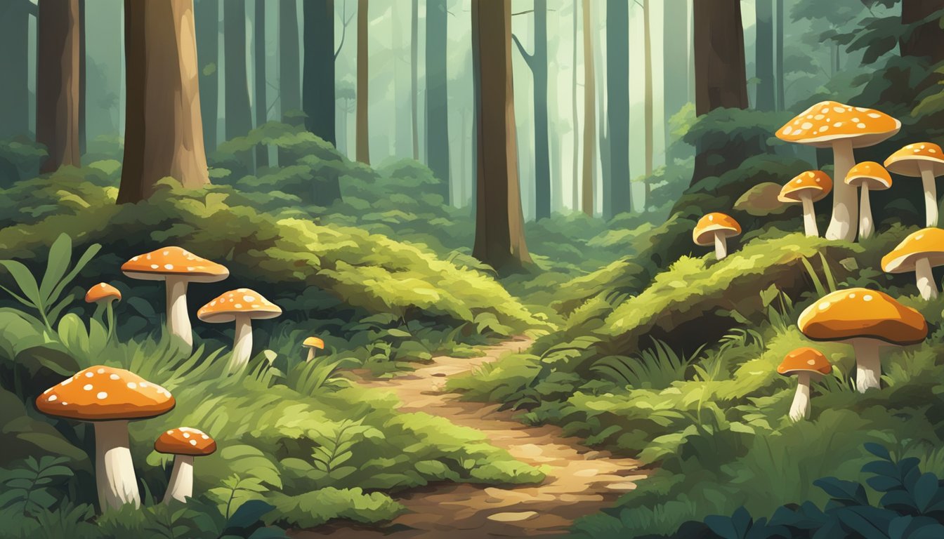 A dense forest floor in Kansas, with various types of mushrooms growing among fallen leaves and moss, surrounded by tall trees and dappled sunlight