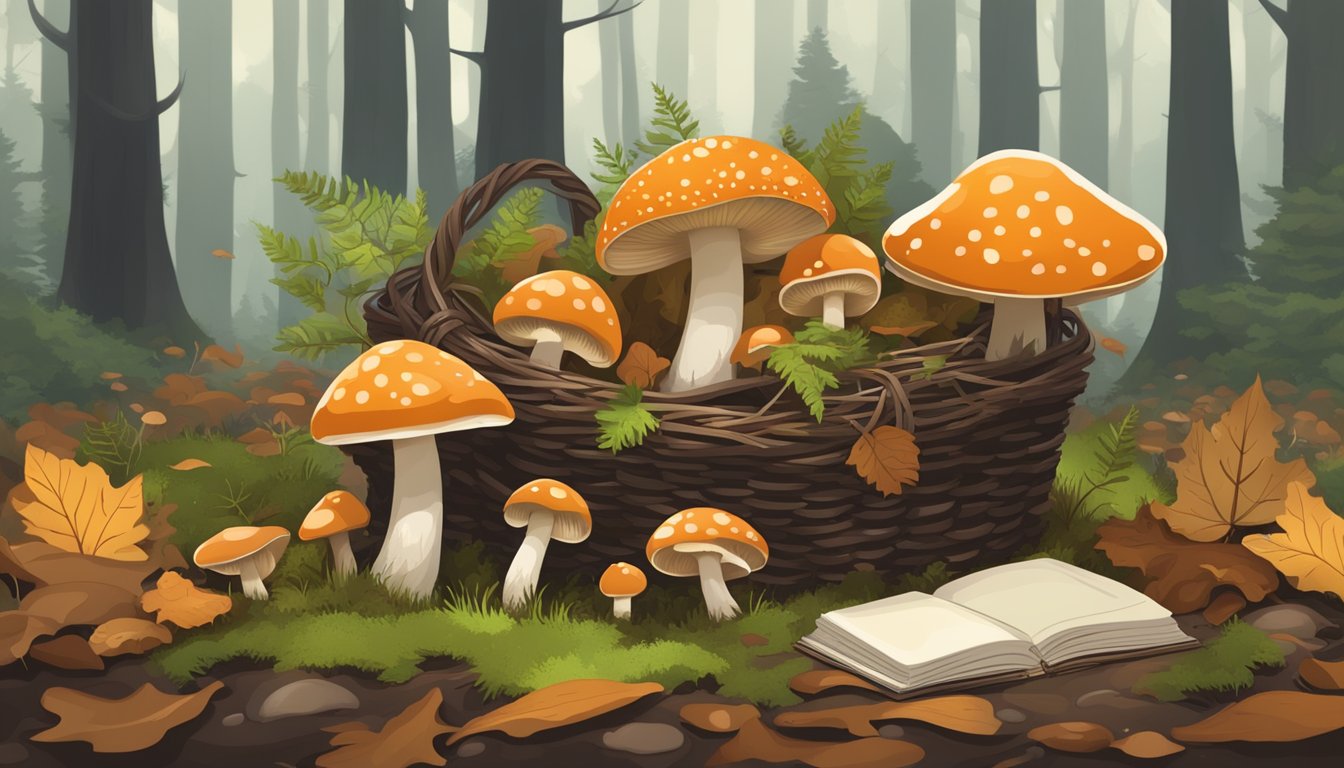 A forest floor with various types of mushrooms growing among fallen leaves and moss, with a guidebook and basket nearby