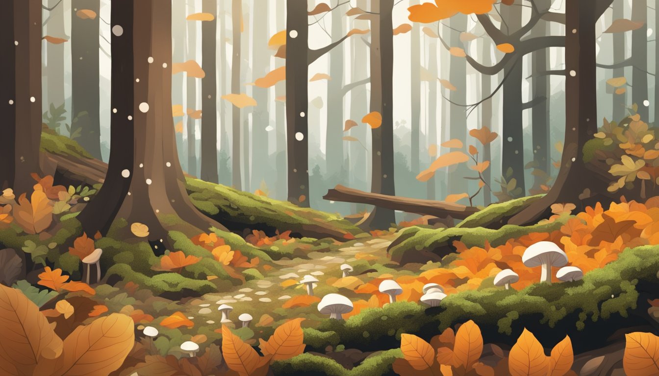 A dense forest floor with fallen leaves and moss-covered logs, dotted with various types of mushrooms in shades of brown, white, and orange