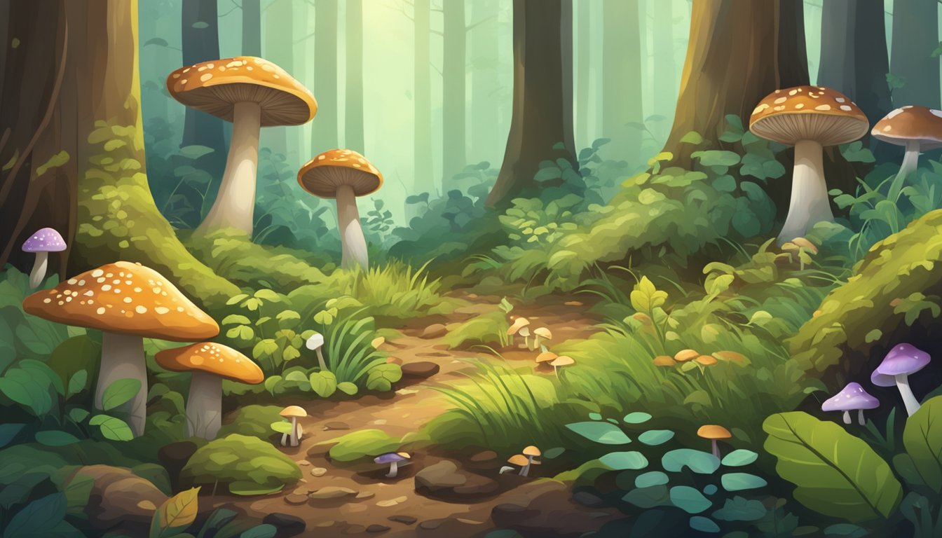 A lush forest floor with diverse flora, fallen leaves, and various mushrooms sprouting from the ground. Two small animals investigate the fungi