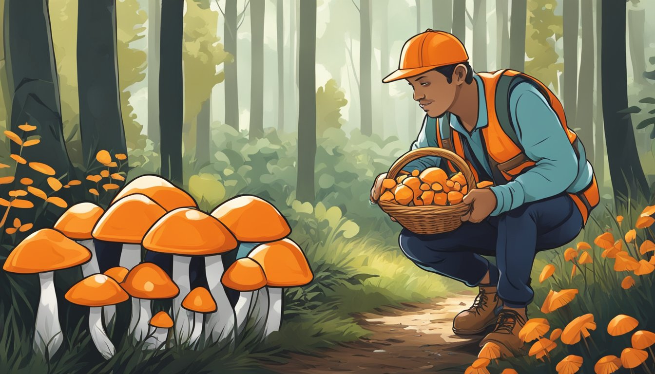 A person wearing a bright orange vest and holding a basket is carefully inspecting a cluster of mushrooms in a wooded area