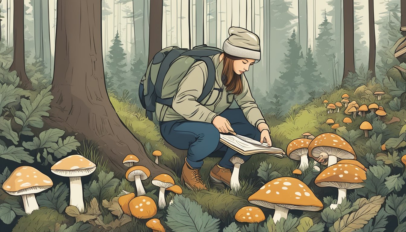 A person in a forest, carefully inspecting and collecting various types of mushrooms, while referring to a book on foraging regulations