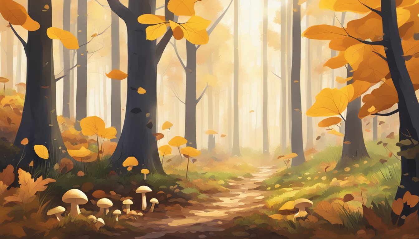 A sunny autumn day in a Kansas forest, with fallen leaves and damp earth, as mushrooms sprout from the ground