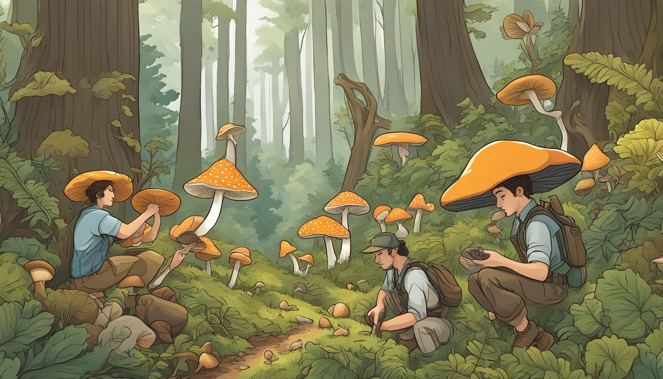 A group of foragers explore the forest, gathering a variety of mushrooms in Kentucky. The diverse fungi are carefully collected and examined by the enthusiastic mycological community