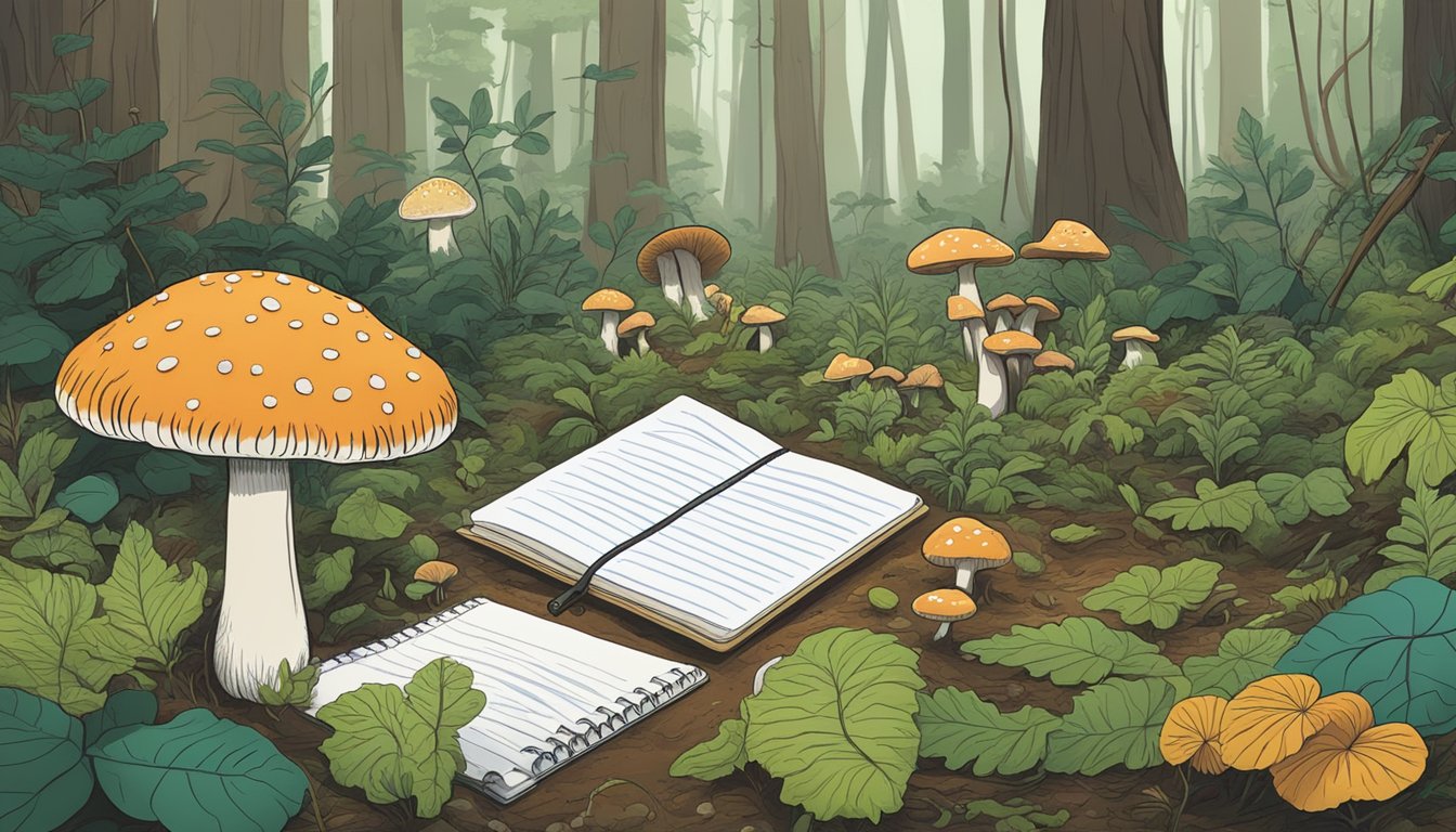 A lush forest floor with diverse mushroom species, a small basket filled with carefully selected specimens, and a person in the background taking notes on a clipboard