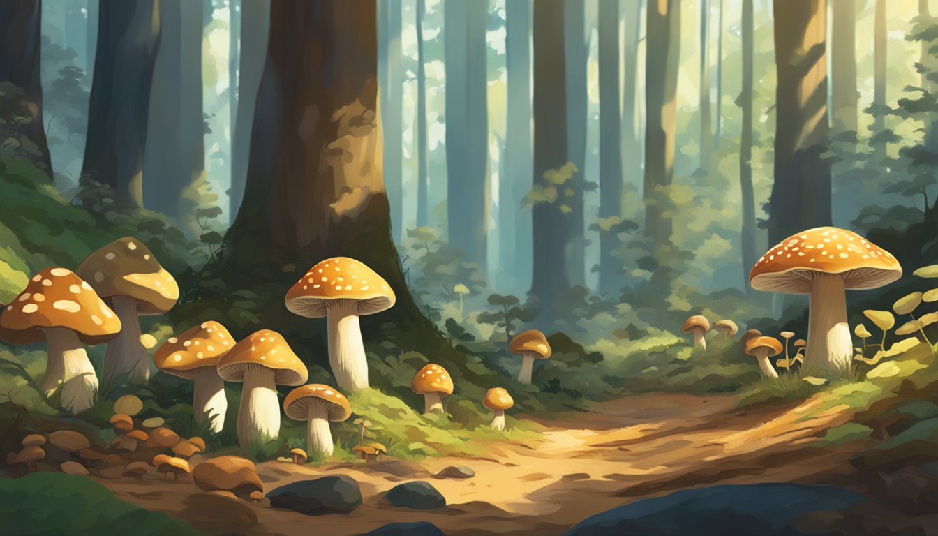 A forest floor covered in various types of mushrooms, ranging in size, shape, and color, with dappled sunlight filtering through the trees above