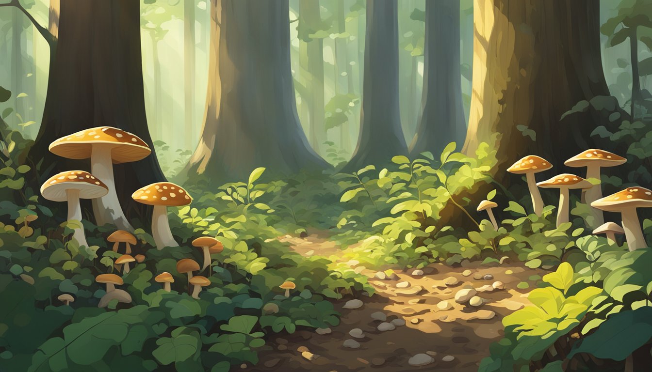 A lush forest floor in Louisiana, scattered with various types of mushrooms in different shapes, sizes, and colors. Sunlight filters through the trees, casting dappled shadows on the ground